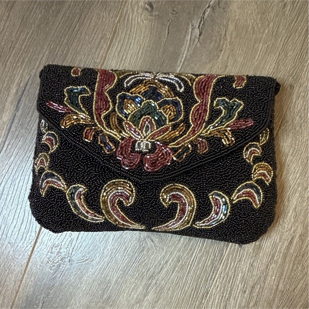 Lillian Vernon Black Beaded Floral Shoulder Bag Snap Closure Lined Gold Hardware